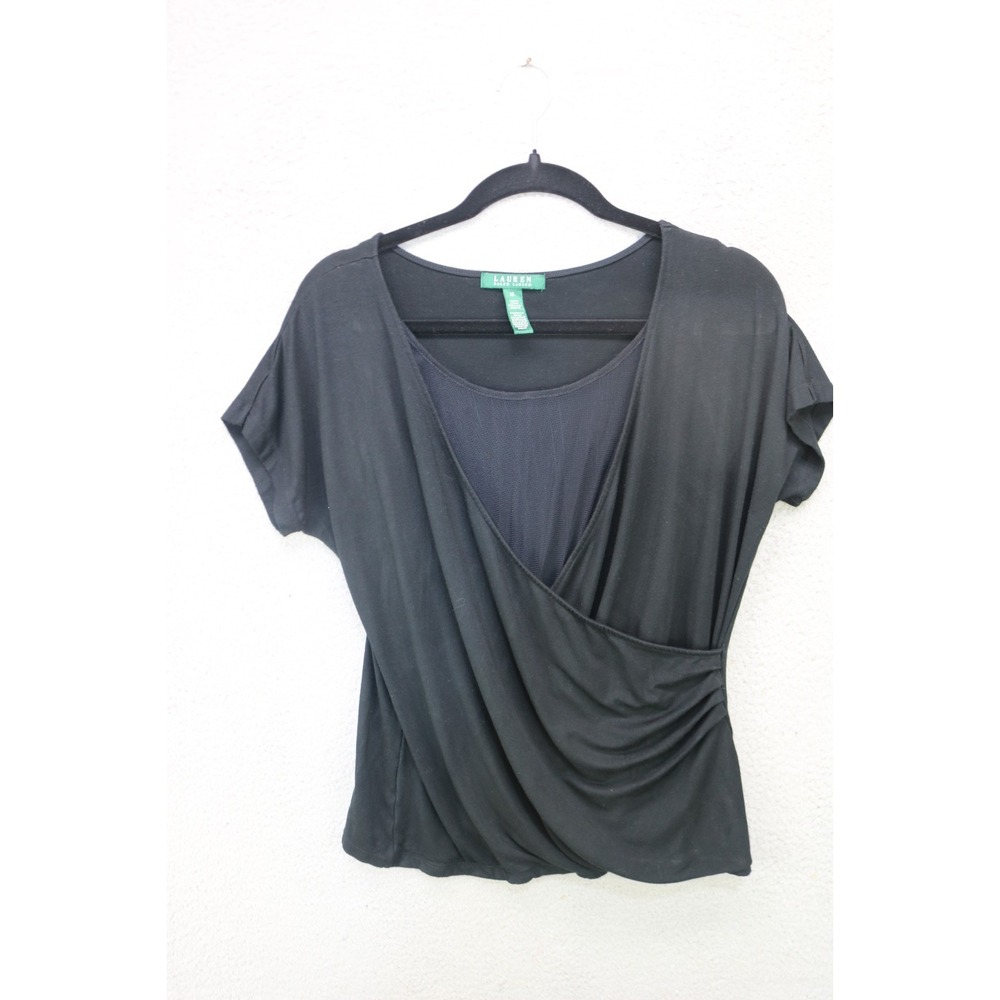 Lauren Ralph Lauren Faux Wrap Black Sheer Mesh Stretchy Top-XL-Goth-Witchy